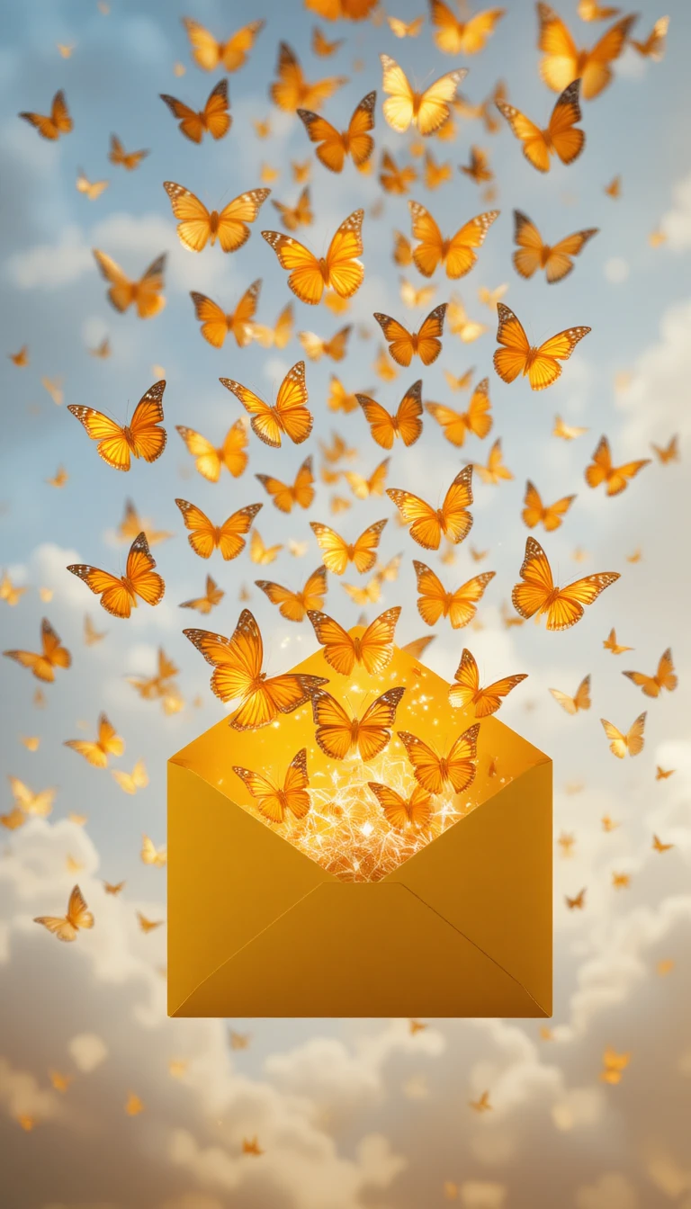 Yellow envelope releasing glowing orange butterflies in midair