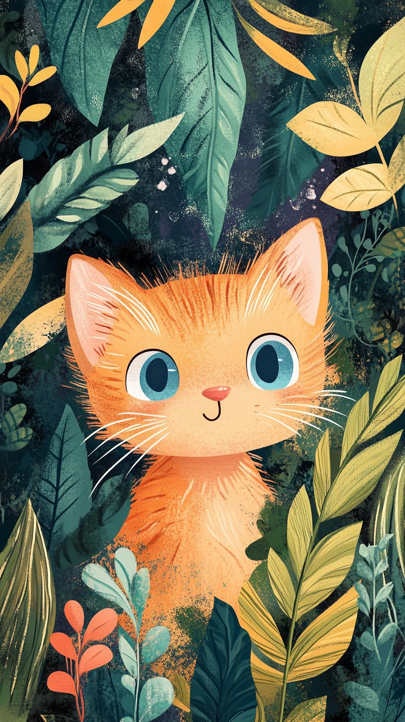 Tabby kitten among dandelions with distant mountain backdrop