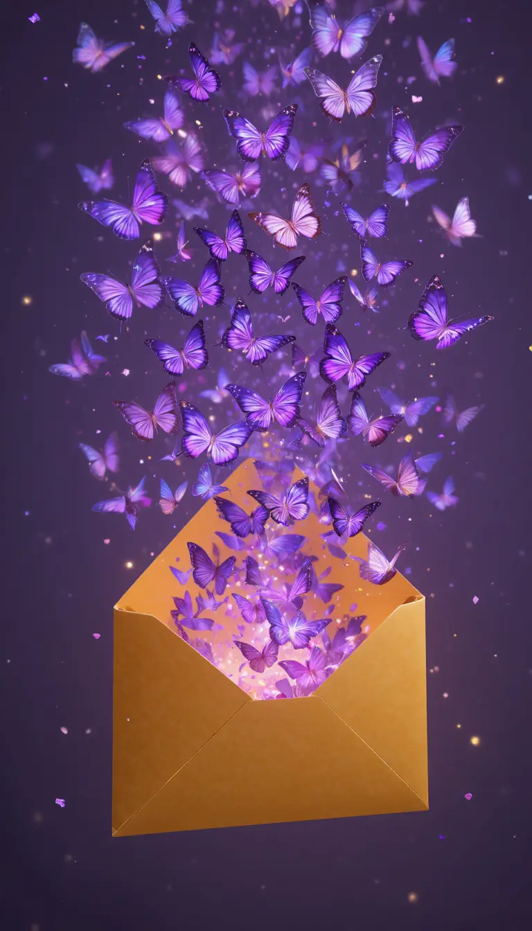 Violet butterflies emerging from a floating yellow envelope