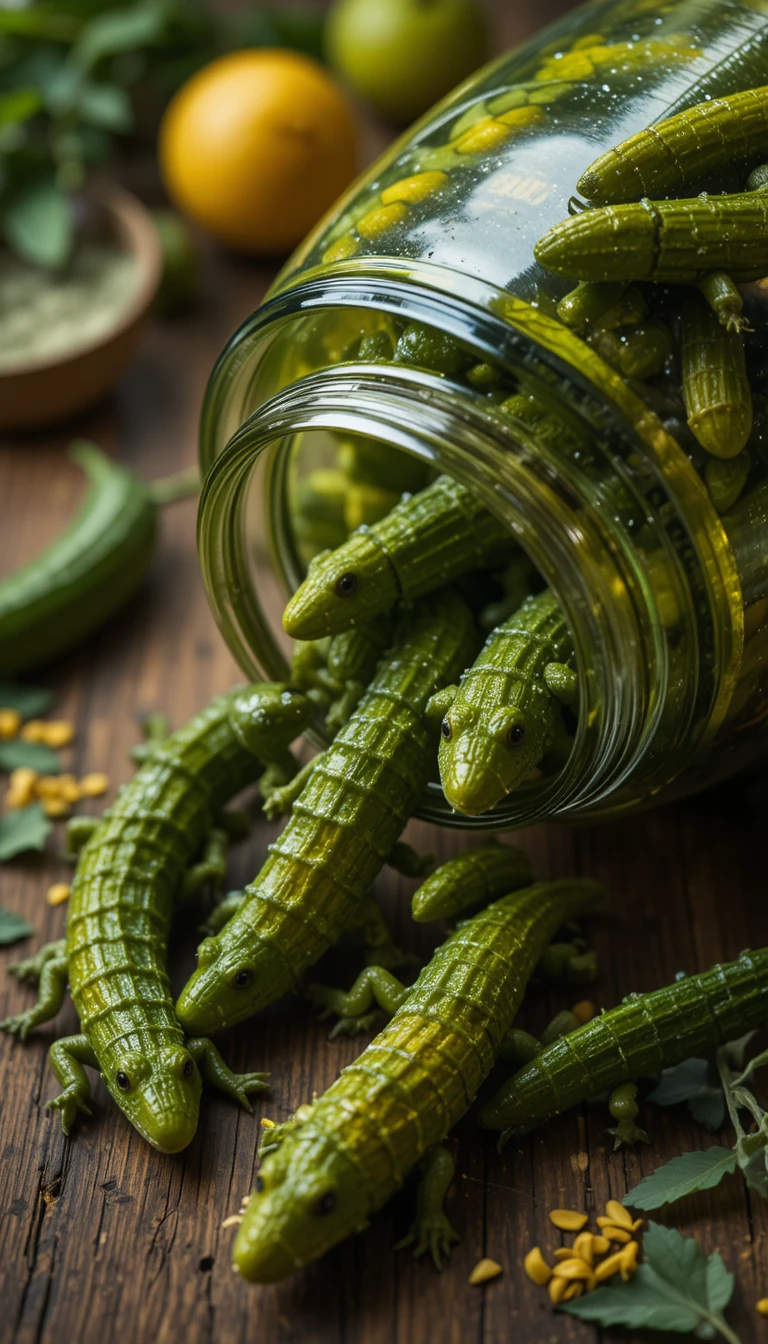 Pickled cucumbers shaped like tiny crocodiles on wooden table