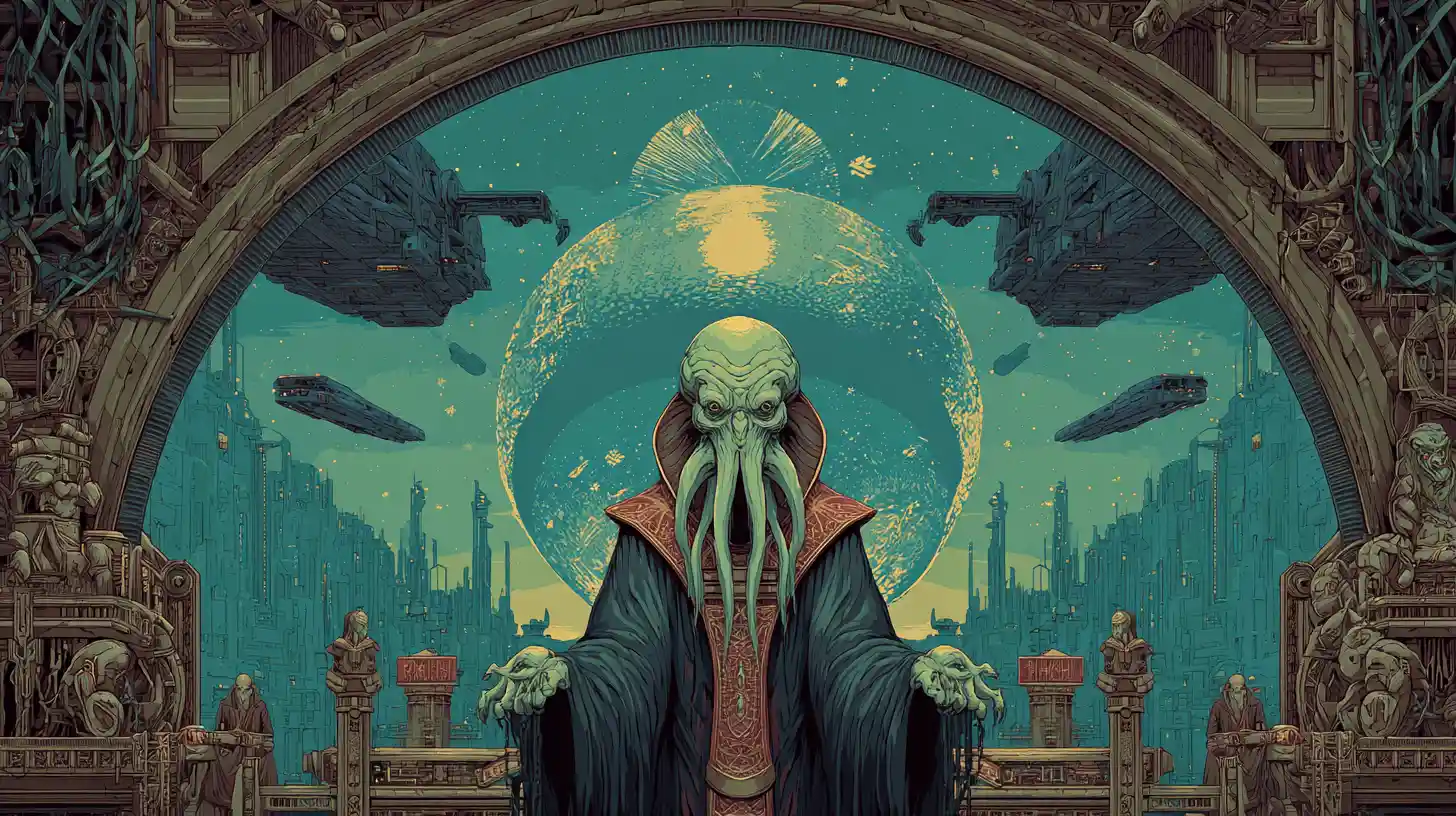 Ancient Alien Overlord On A Throne In Futuristic City