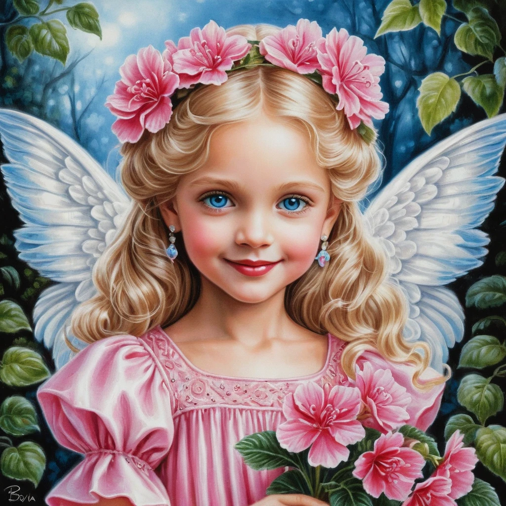 Smiling spring angel girl with pink flowers bouquet