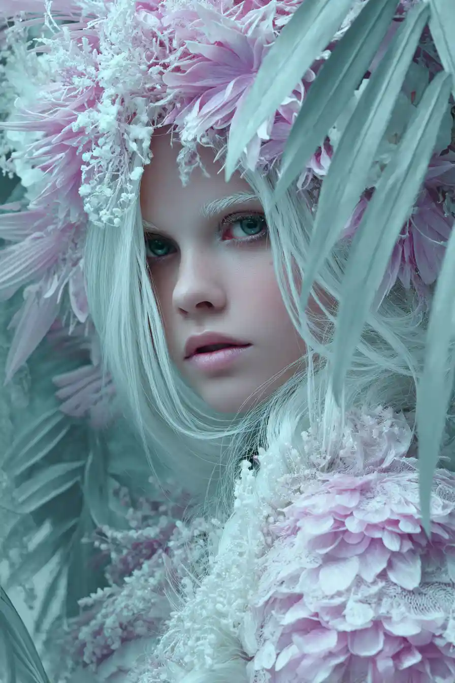 Mystical woman in a serene tropical garden breeze