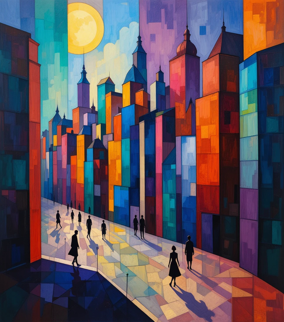 Vibrant abstract cityscape with rhythmic silhouettes and geometry