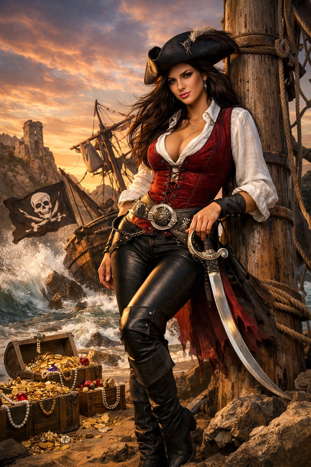 Beautiful pirate captain leaning against a ship mast