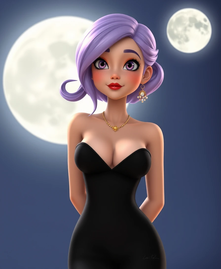 Elegante donna in abito nero sotto una luna piena luminosa