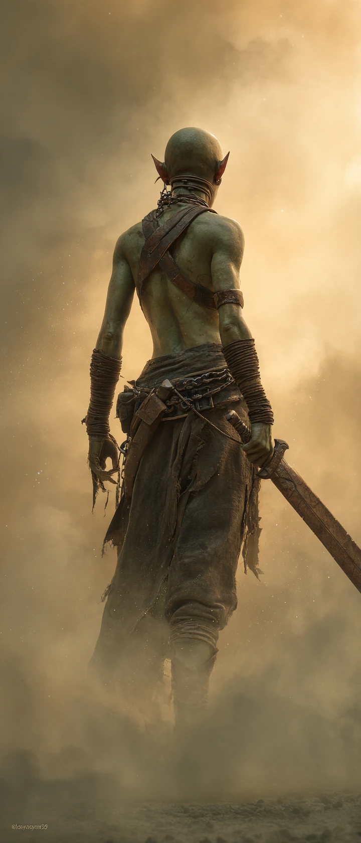 Orc warrior woman in chains holding a jagged sword