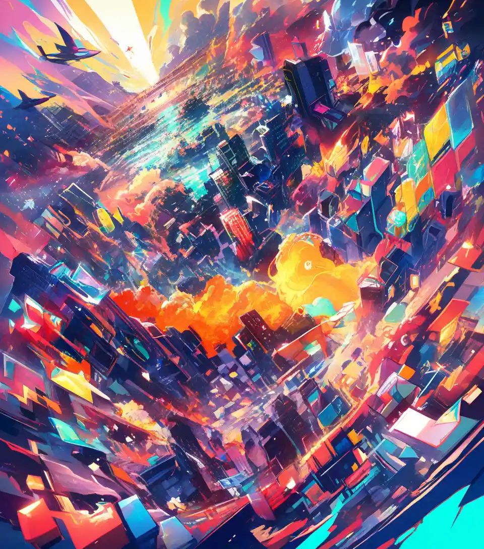 Vibrant abstract cityscape with geometric facades and silhouettes