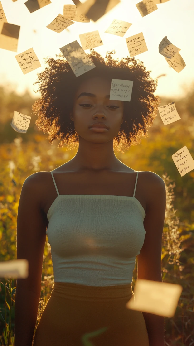 Ebony woman in sunlit field with drifting paper notes
