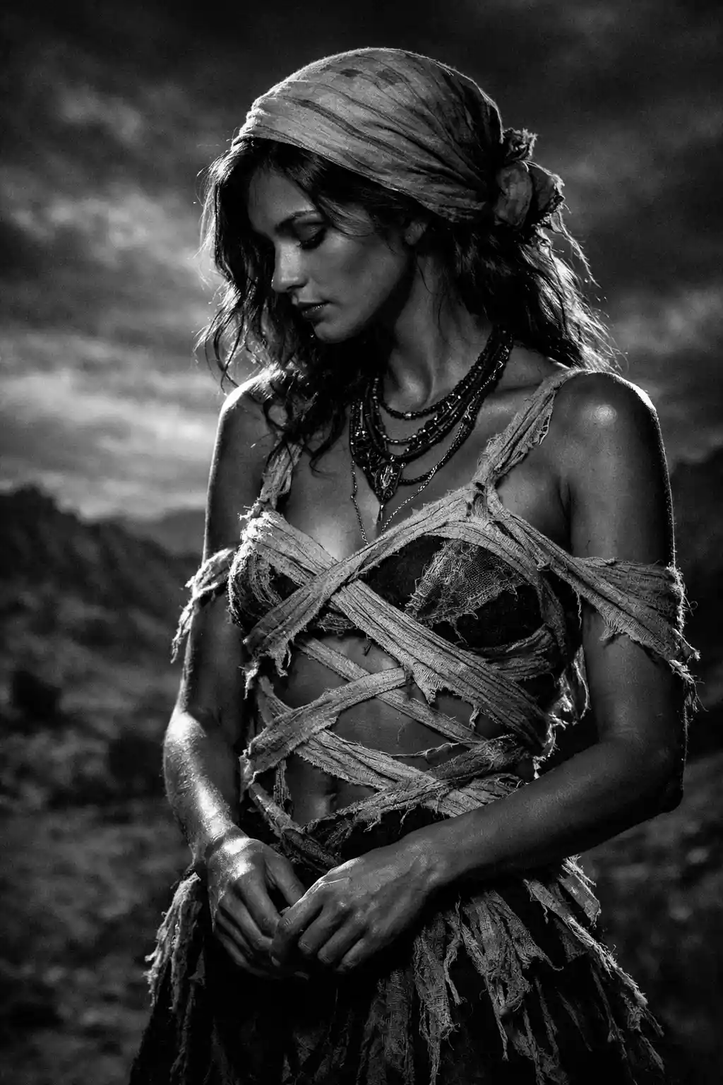 Moody rim lit portrait of a girl in tattered wraps