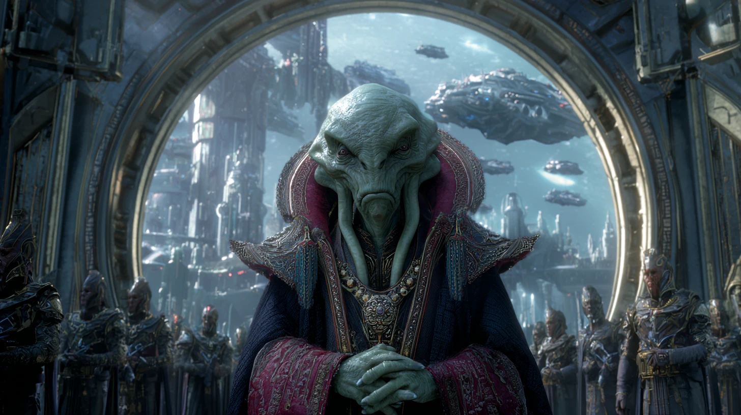 Ancient alien overlord seated in a vast throne room