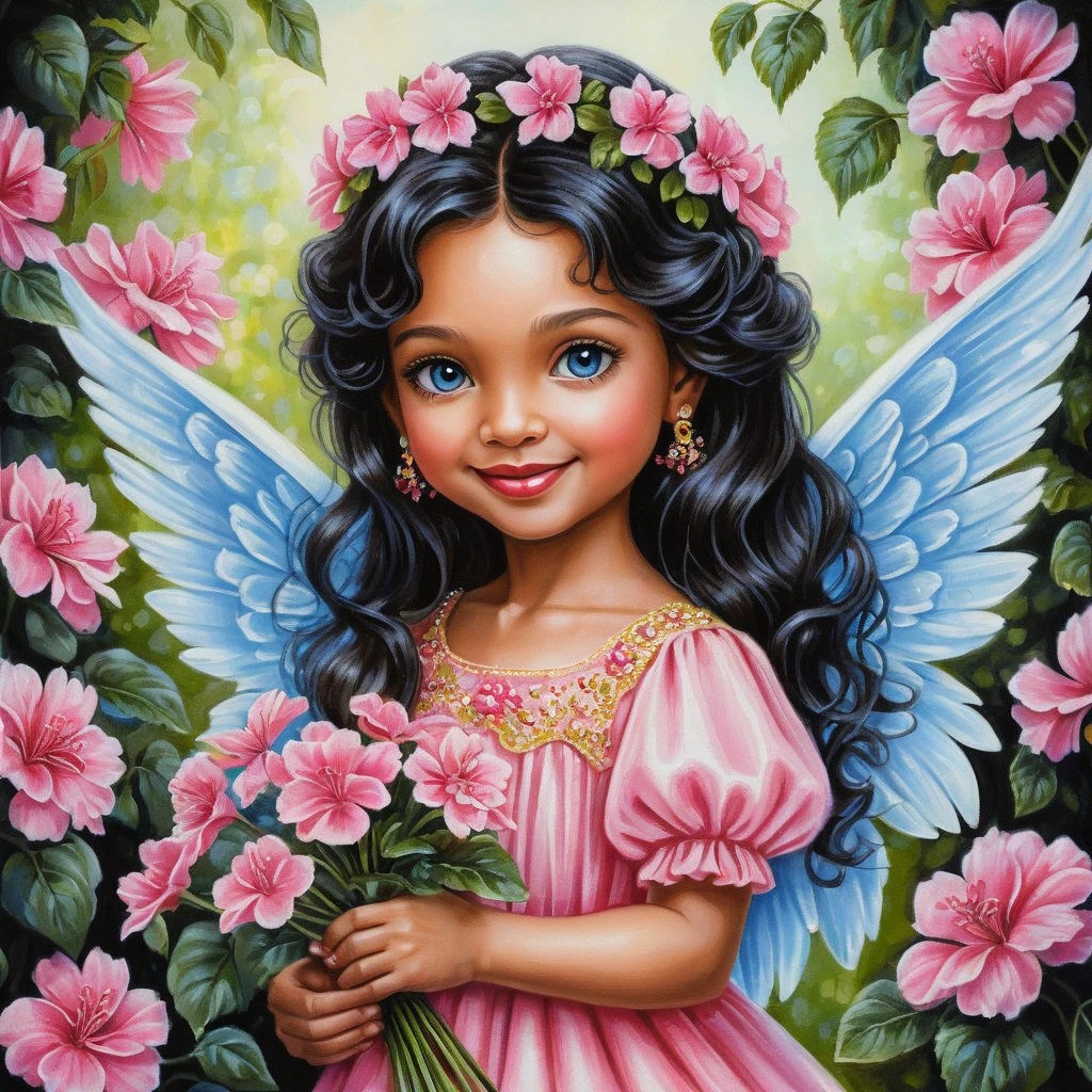 Smiling spring angel girl holding pink geranium bouquet