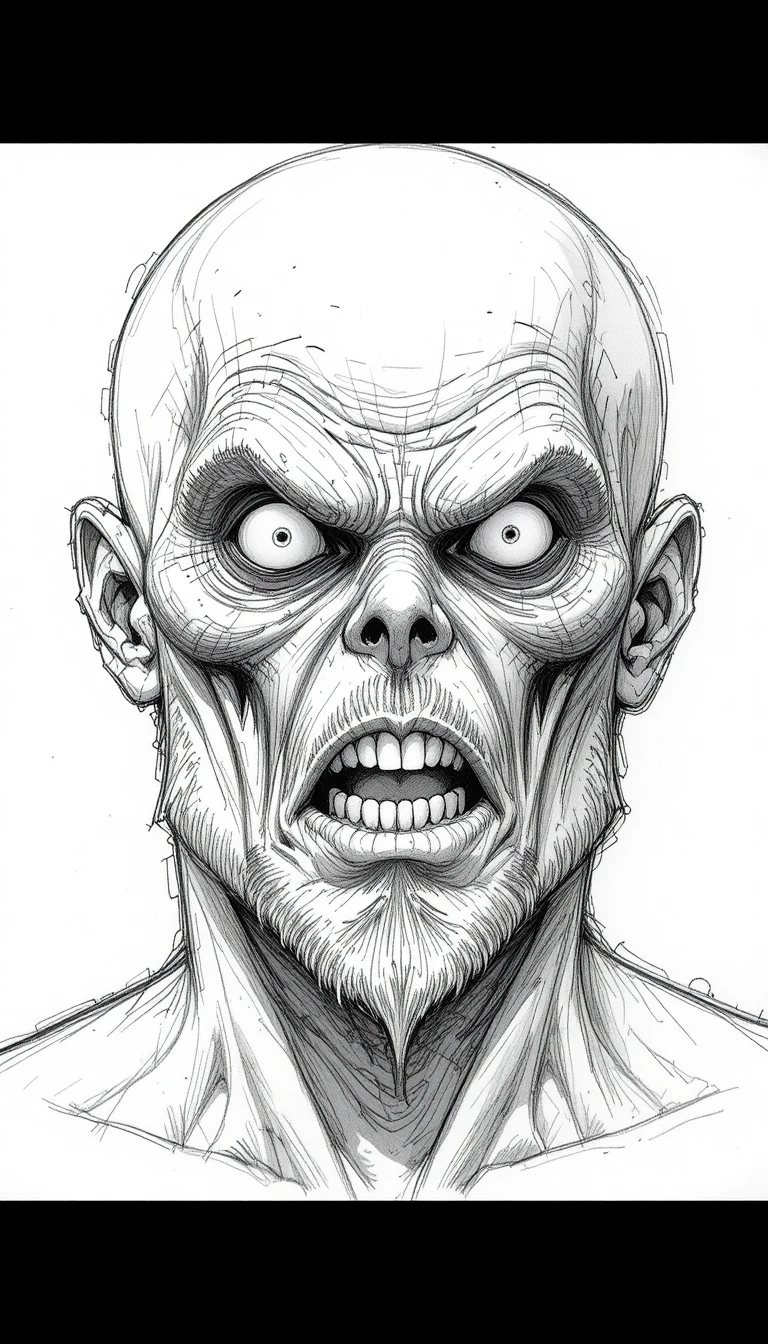 Pencil sketch of a bald man with mask like face