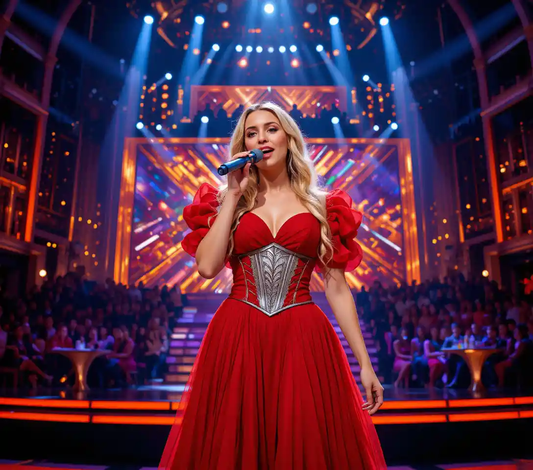 Young blonde singer performing on glamorous tv talent show stage