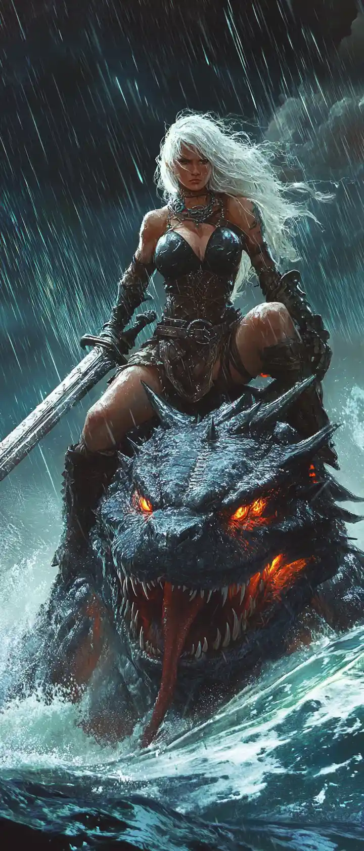 White haired warrior on sea dragon in stormy moonlight