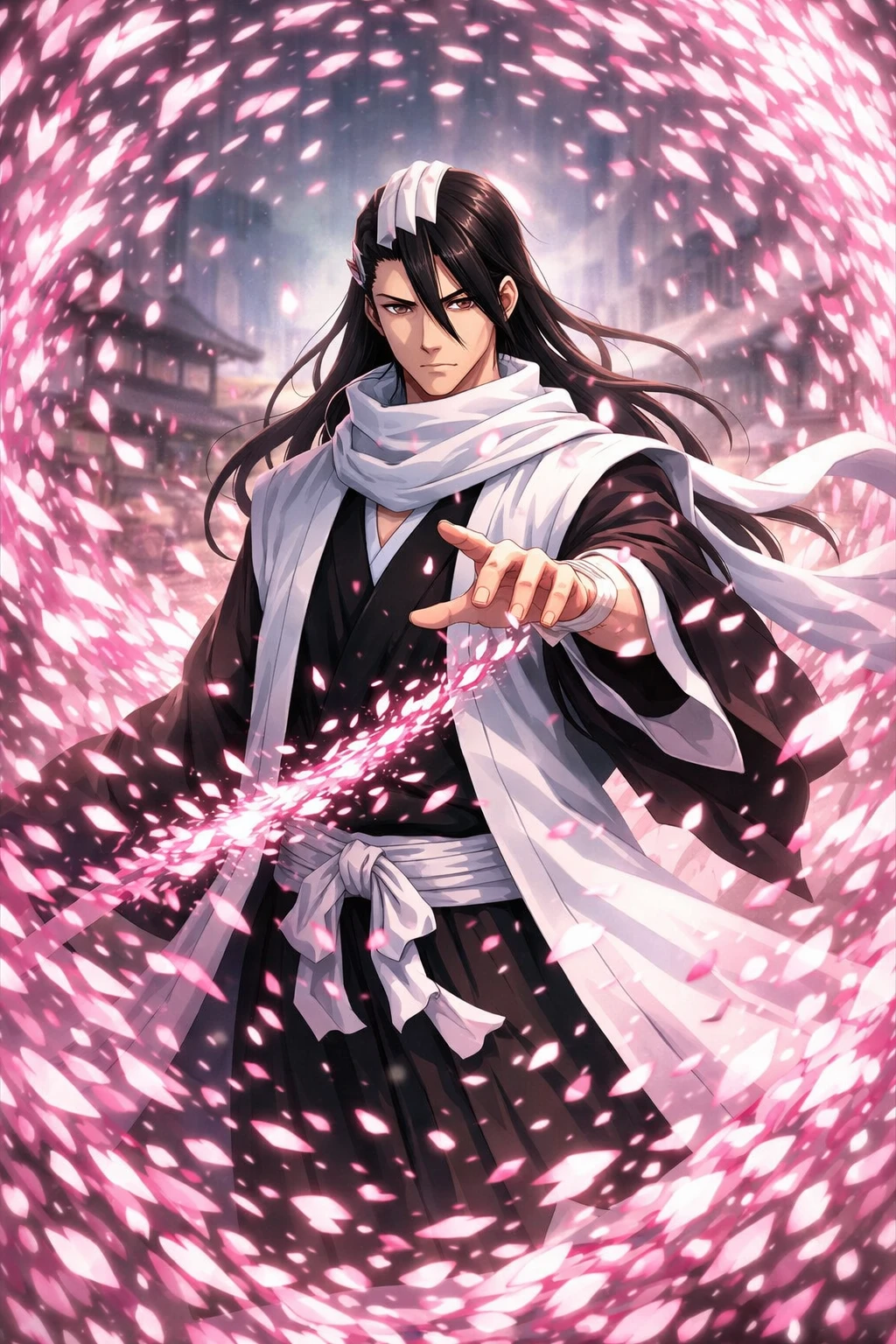 Stoic swordsman commanding a storm of pink spirit blades