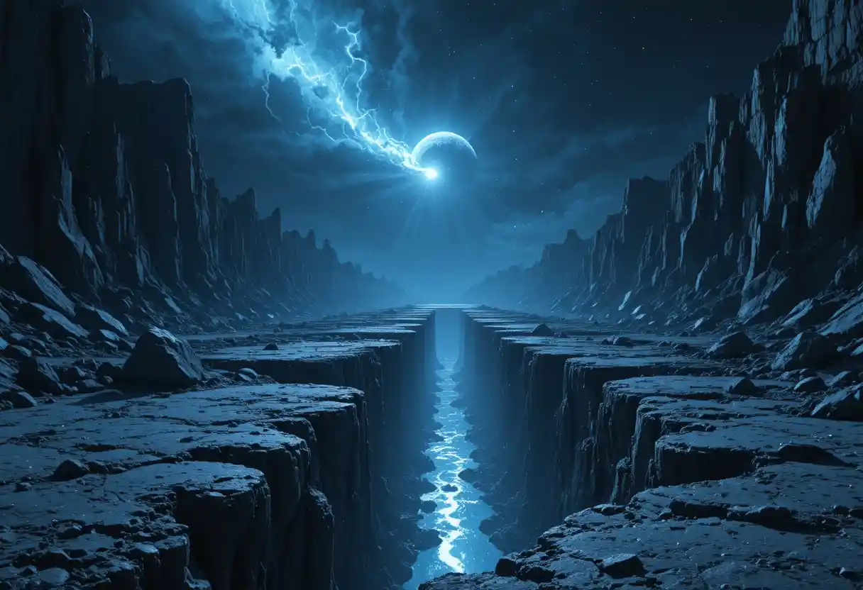 Trincheira cósmica surreal iluminada por feixes celestes azul‑pálido