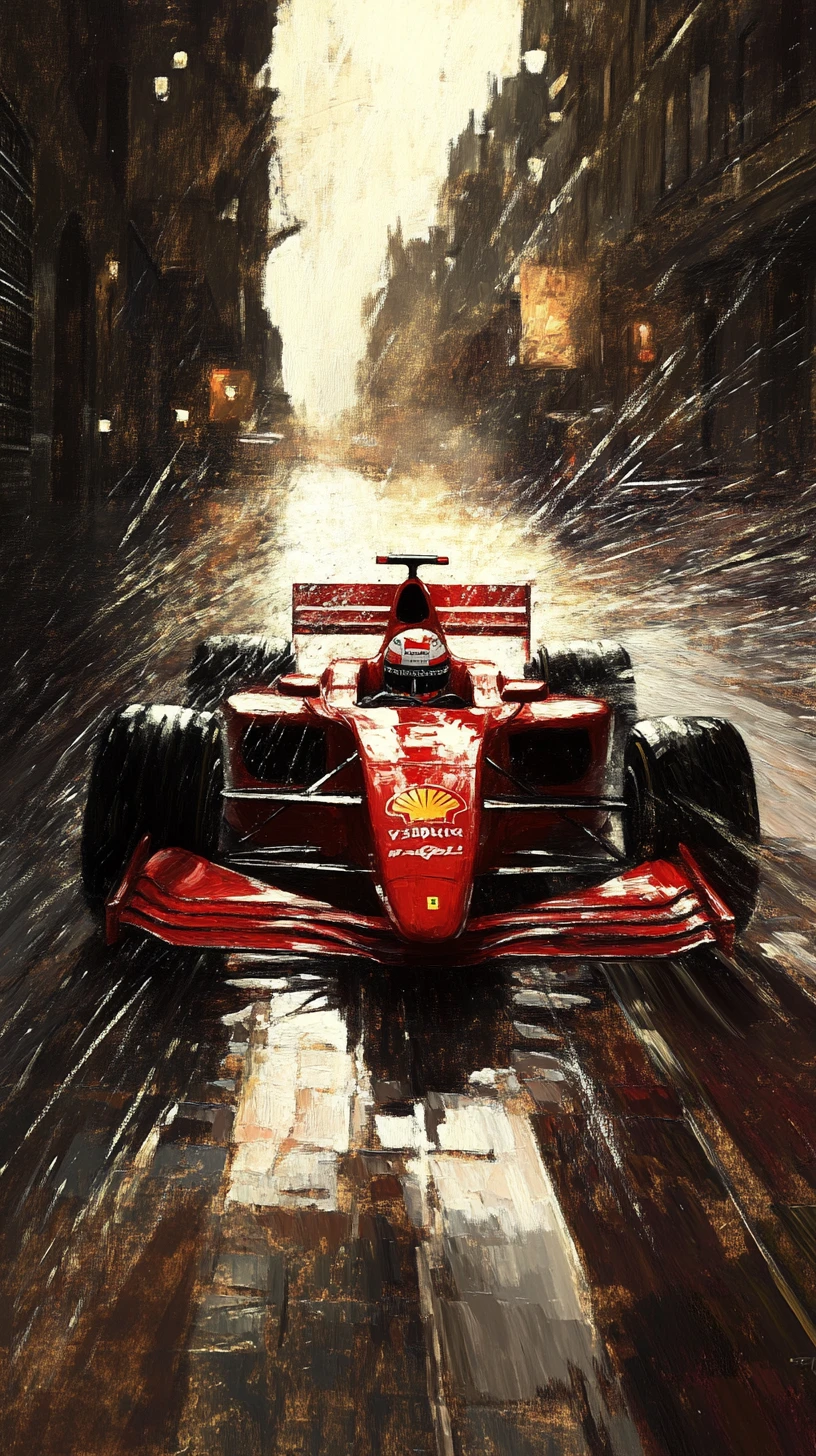 Red formula race car drifting on wet cobblestone street