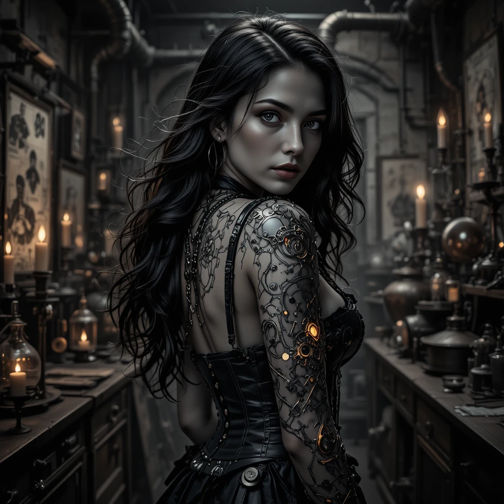 Noir-Steampunk-Frau mit leuchtendem mechanischem Korsett