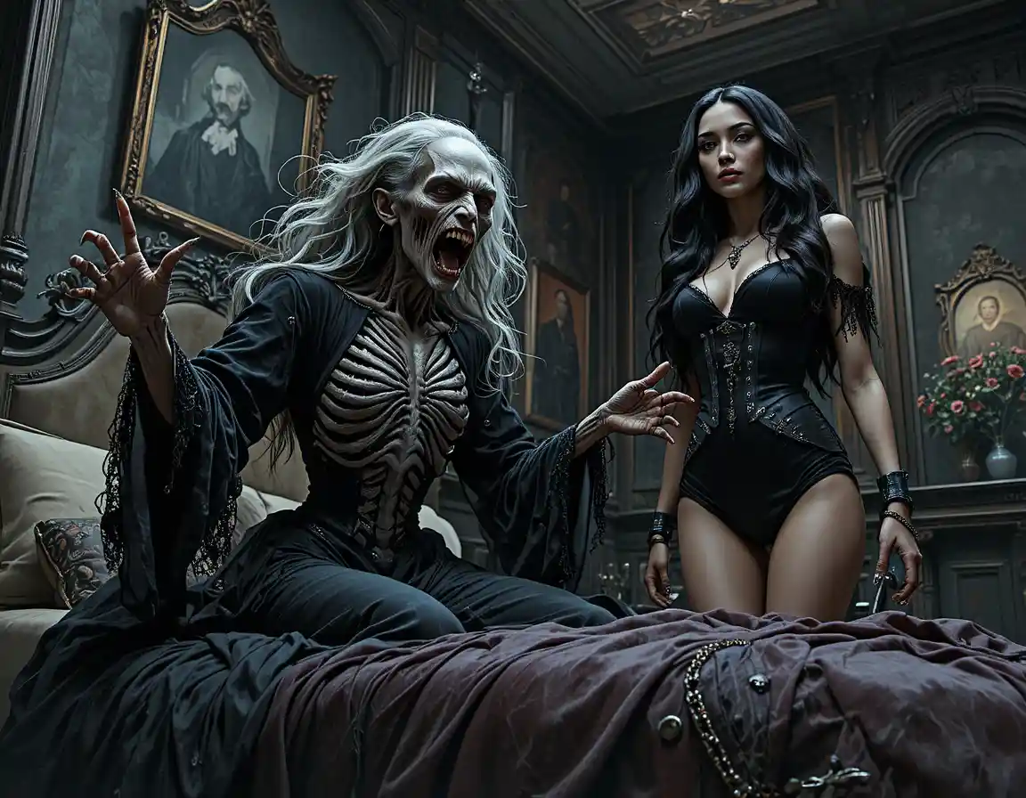 Ancient screaming vampire on an antique bed in darkness