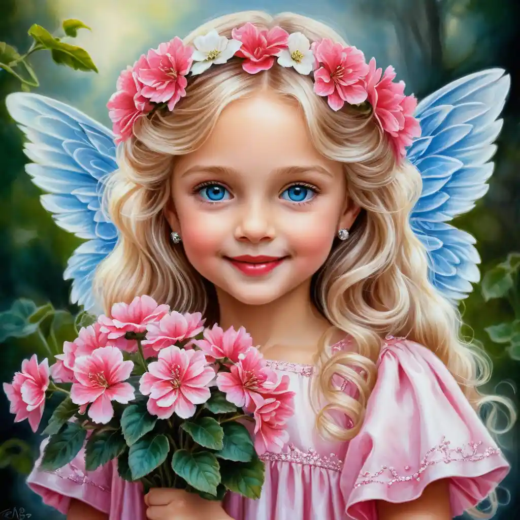 Smiling spring angel girl with pink flowers and wings