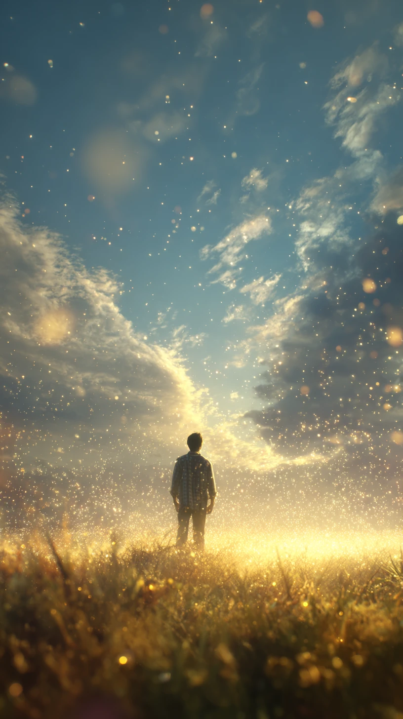 Peaceful man in a sunlit meadow under clear blue sky