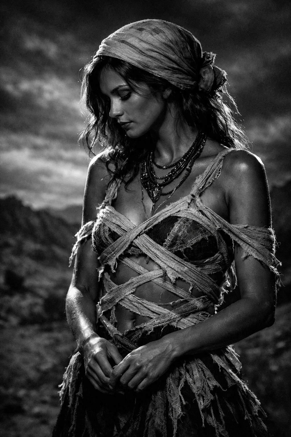 Moody rim lit portrait of a girl in tattered wraps