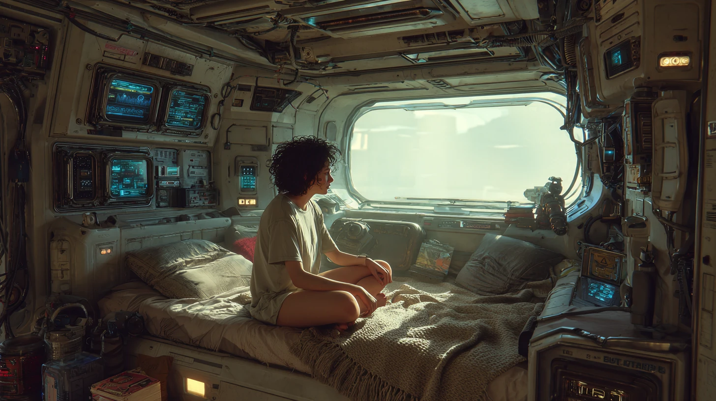 Woman Relaxing In A Cozy Retro Futuristic Spaceship Cabin