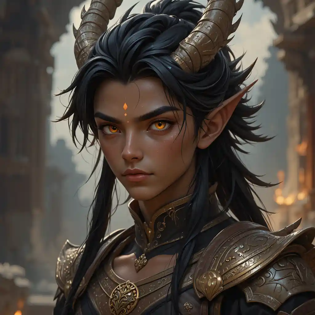 Young dragon hybrid man with orange eyes and dark hair