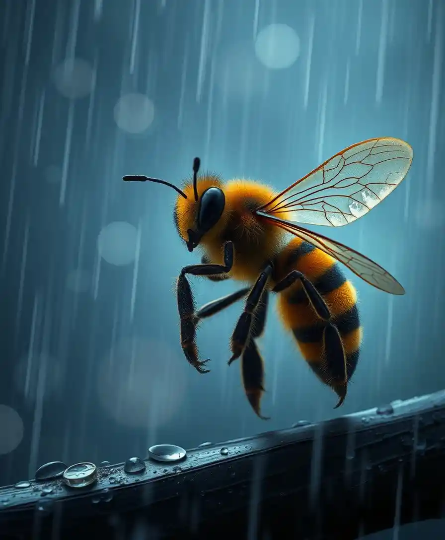 Surreal close up bee in a rainy night scene