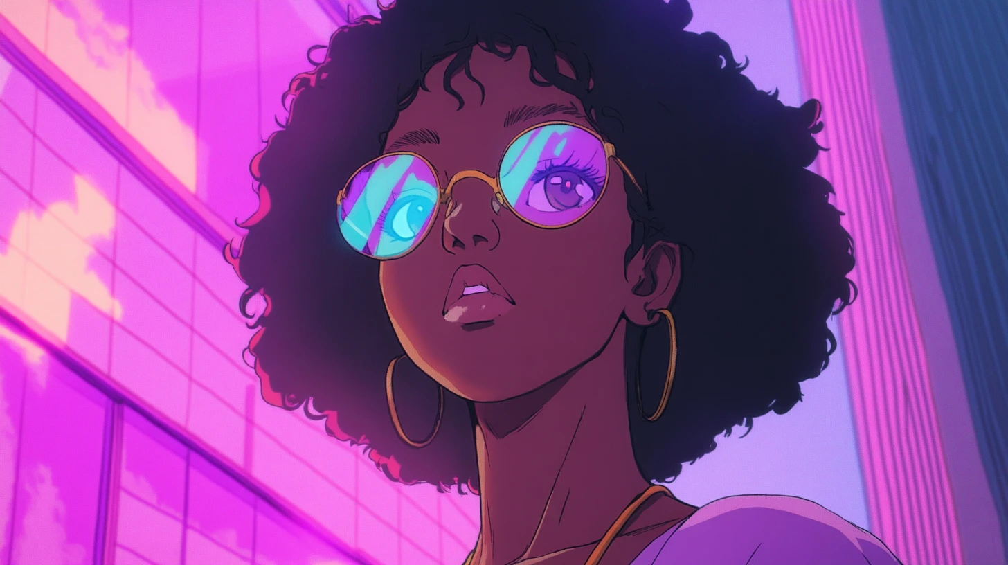 Retrato de estilo anime de una mujer negra con colores vibrantes