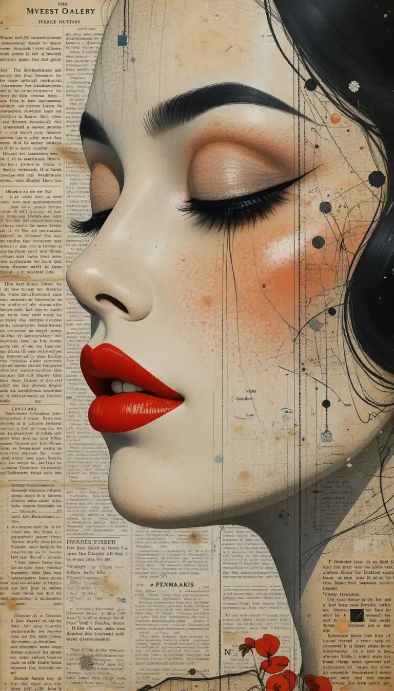 Perfil feminino abstrato com lábios vermelhos marcantes e olhos cinza