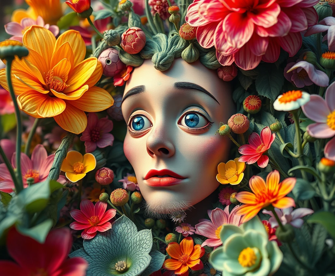 Surreal face emerging among vibrant fantasy flora