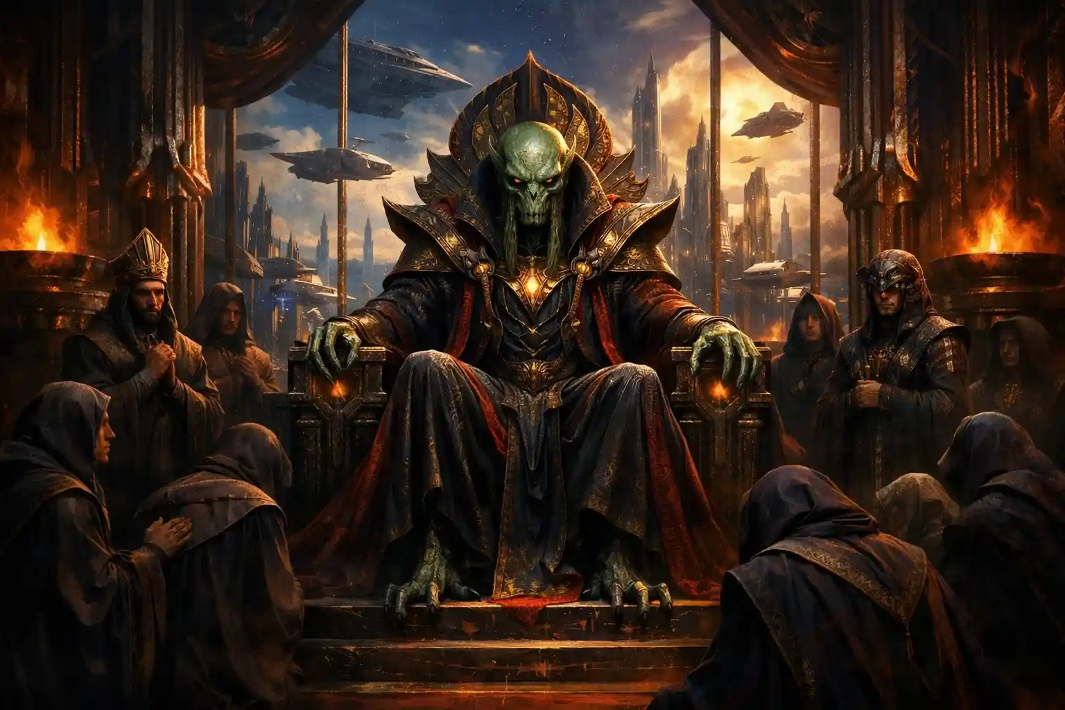 Ancient alien overlord on a galactic throne with devotees