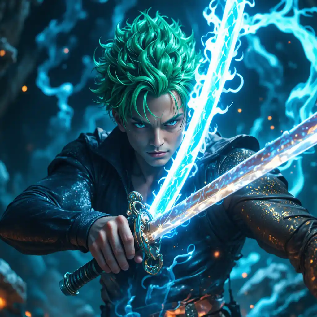 Green haired swordsman slashing a flaming blade at monster