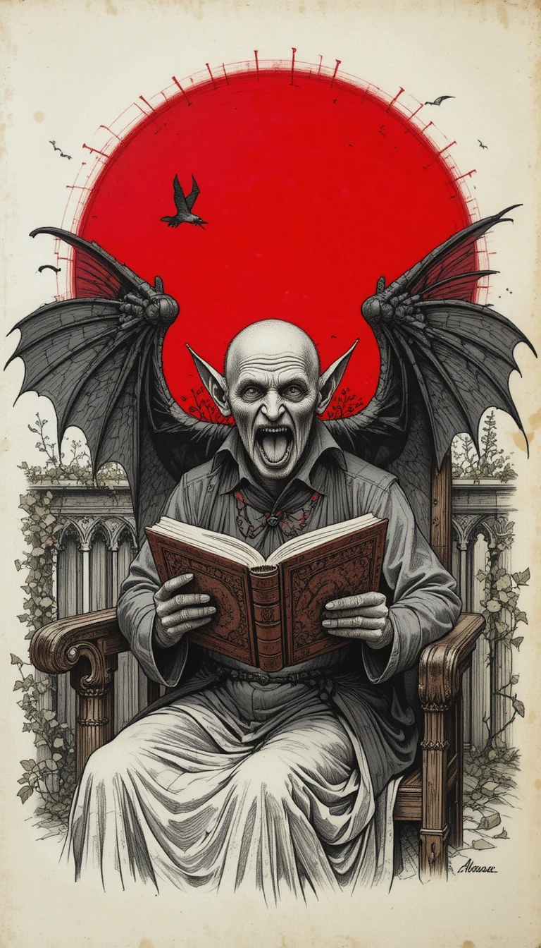Old vampire with black wings on a balcony at sunset