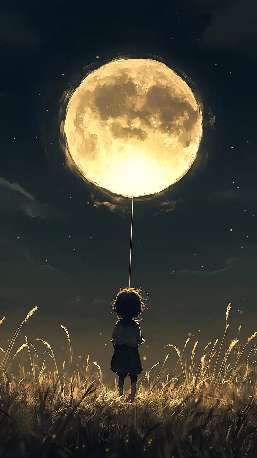 Child holding a luminous moon balloon in tall golden grass