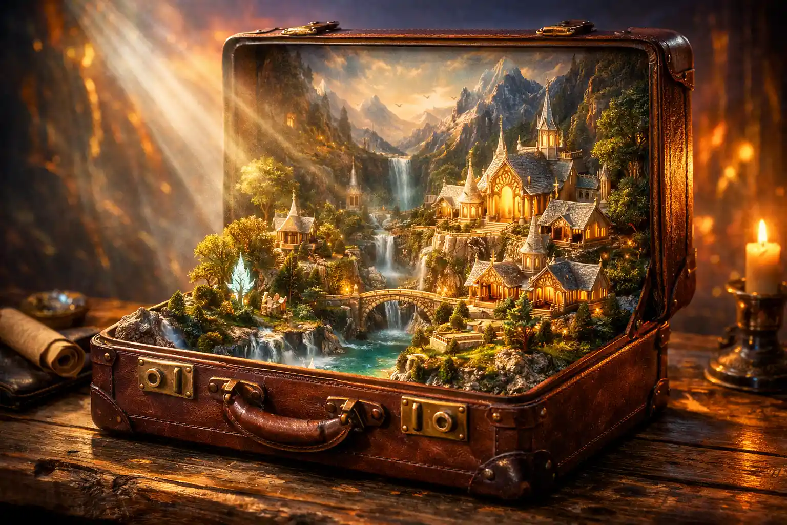 Open suitcase revealing a tiny fantasy city within
