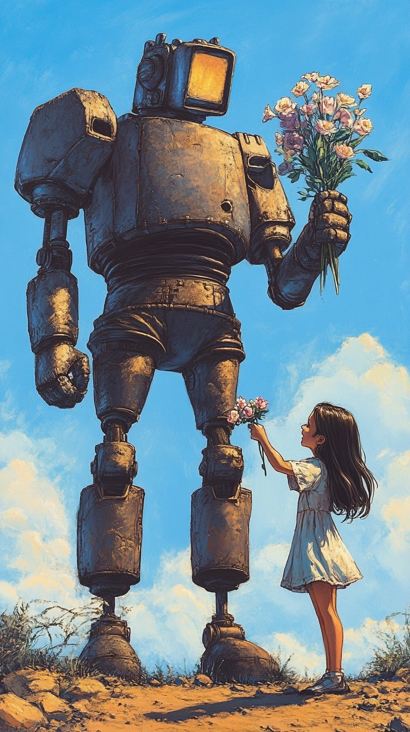 Riesiger Roboter und lächelndes Mädchen unter klarem blauem Himmel
