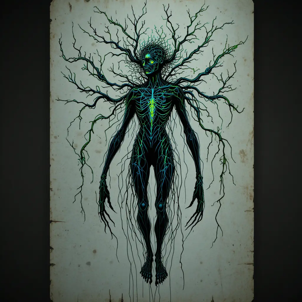 Mystical Mycelium Creature With Elongated Limbs In Darkness