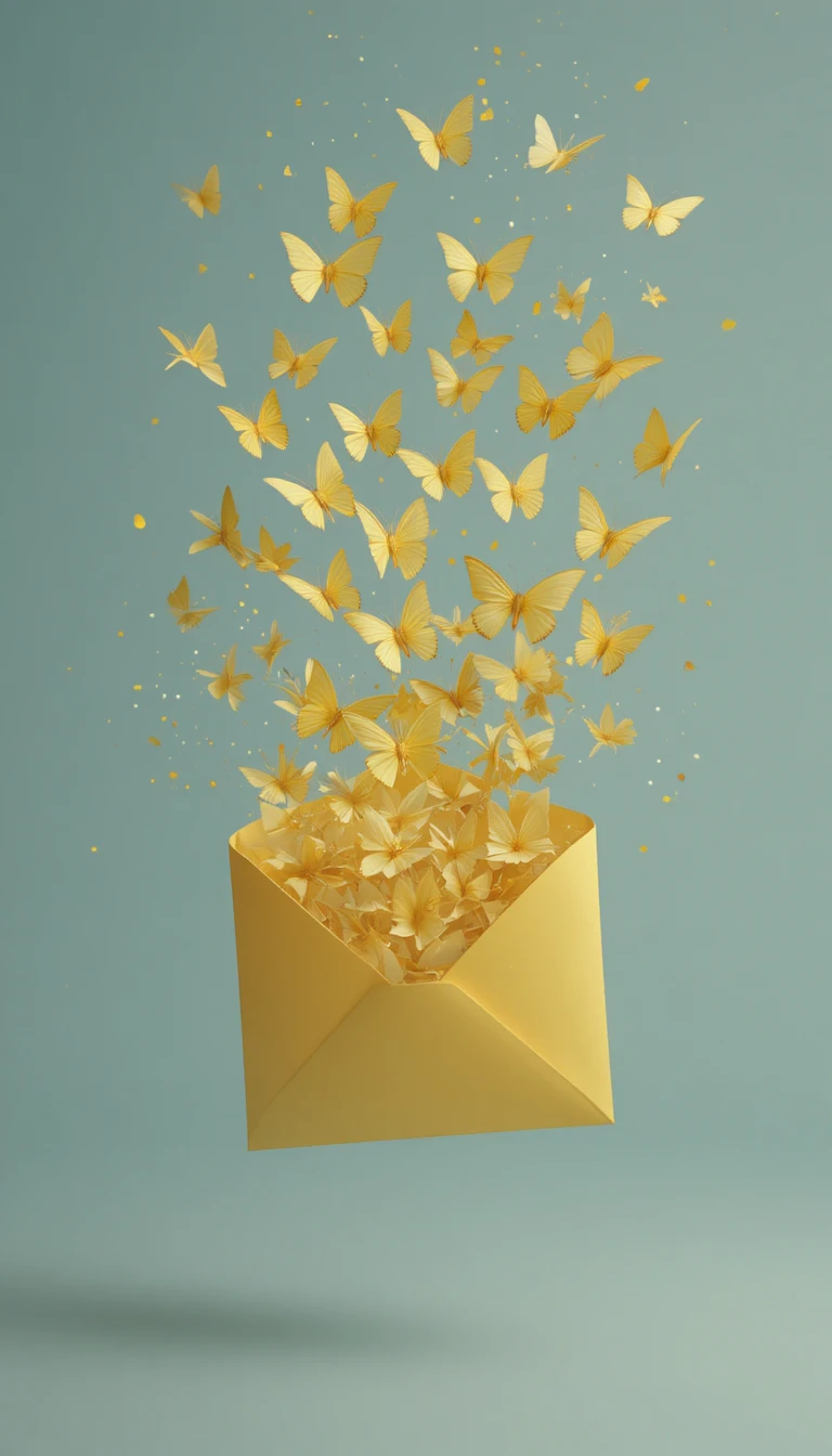 Yellow envelope releasing butterflies into a soft abstract space