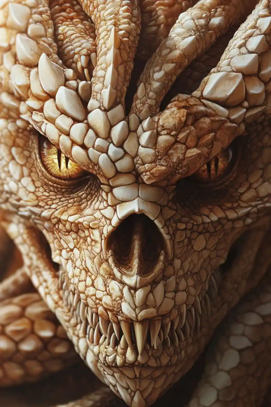Symmetrical dragons forming an eerie skull illusion in earth tones