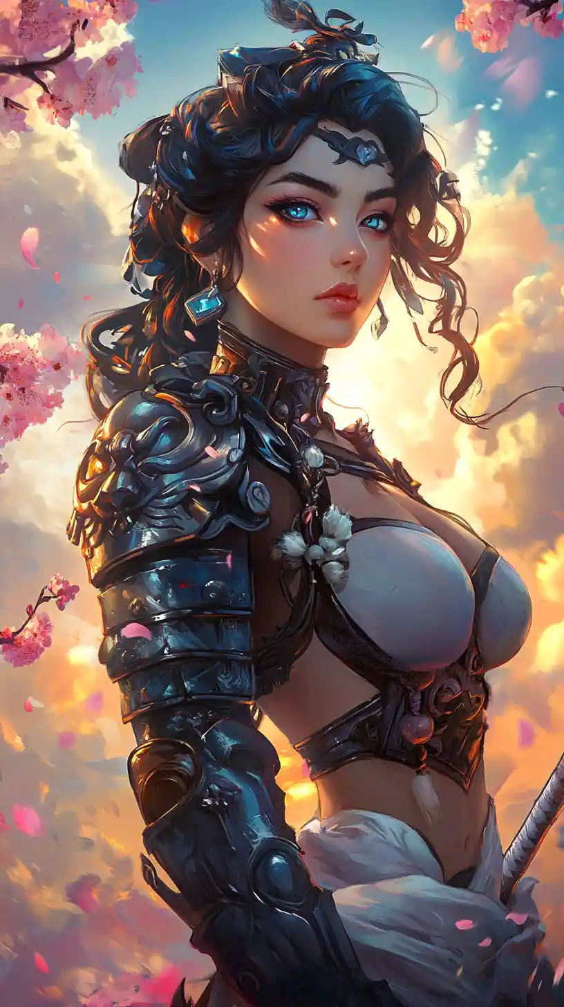 Diosa oni con armadura samurái entre cerezos en flor al atardecer