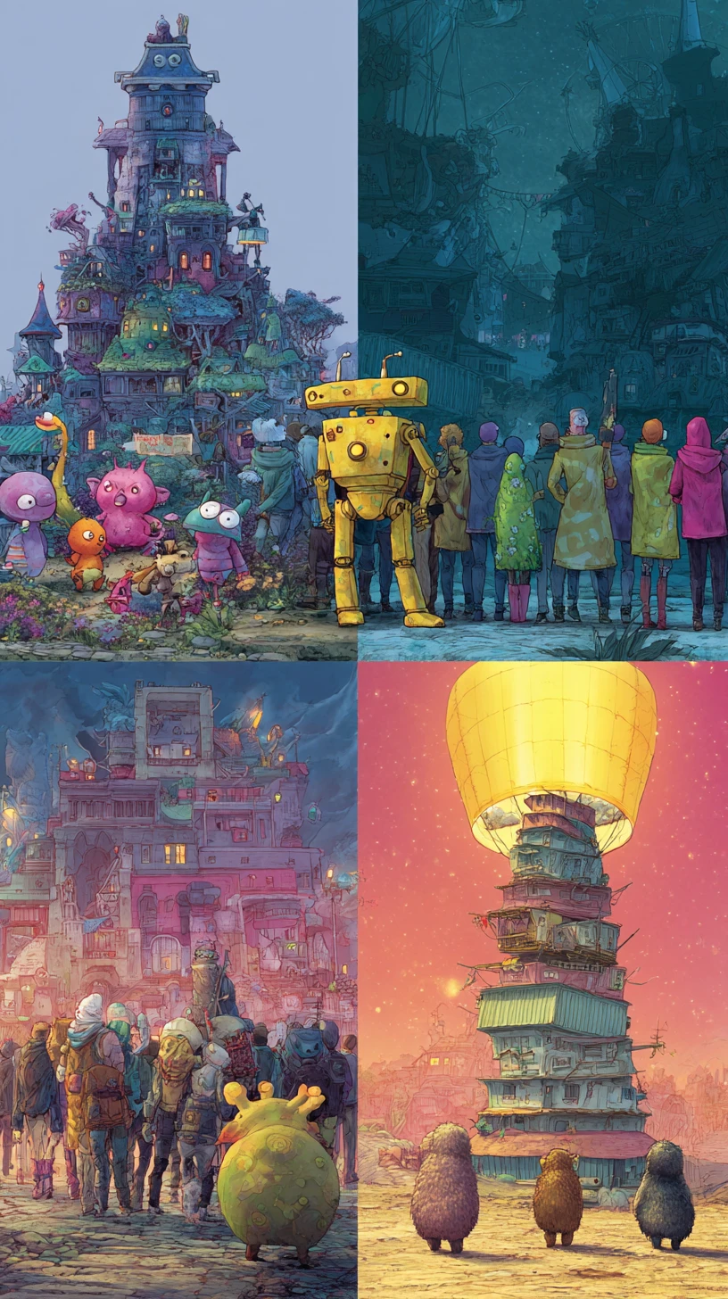 Whimsical fantasy castle surrounded by colorful creatures