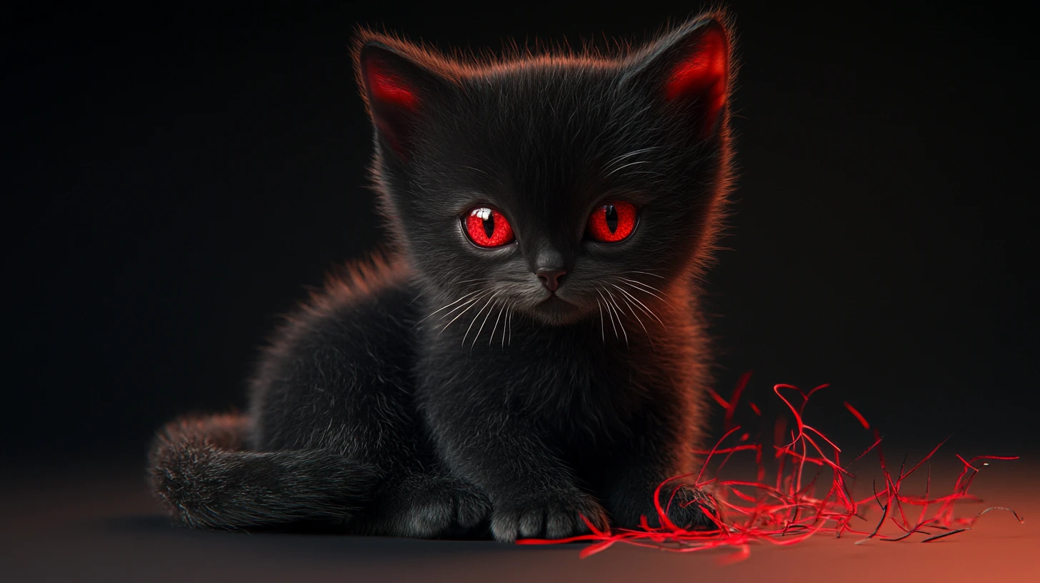 Shadowy black kitten with glowing red neon rim light