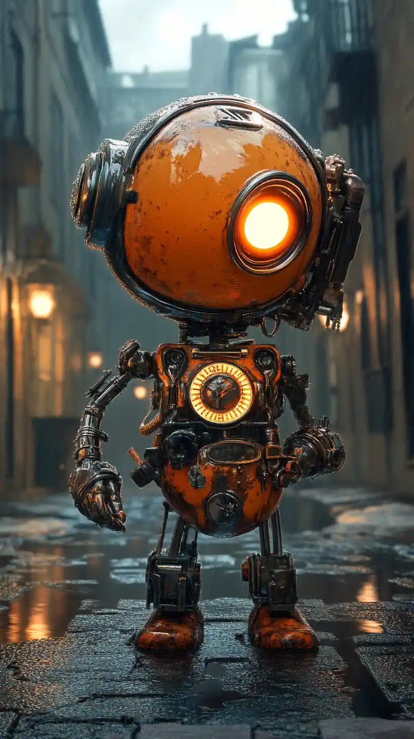 Melancholic steampunk childlike automaton walking through wet alley