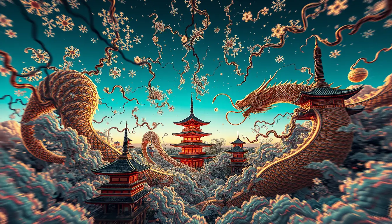 Dragons Coiling Through Optical Patterns And Pagodas