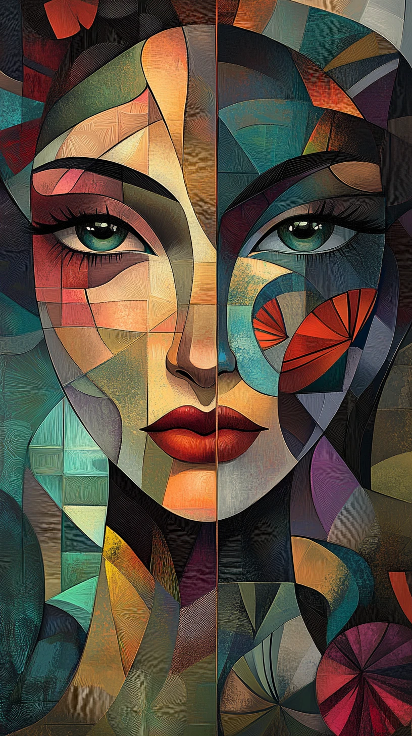 Abstract cubist portrait of a stylized feminine face