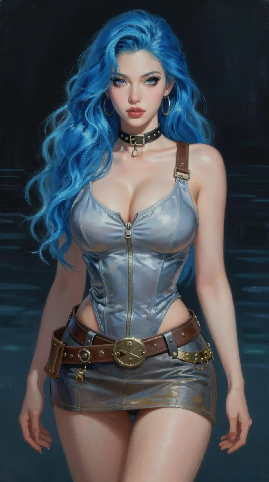 Blue haired aquapunk woman in dark watery scene