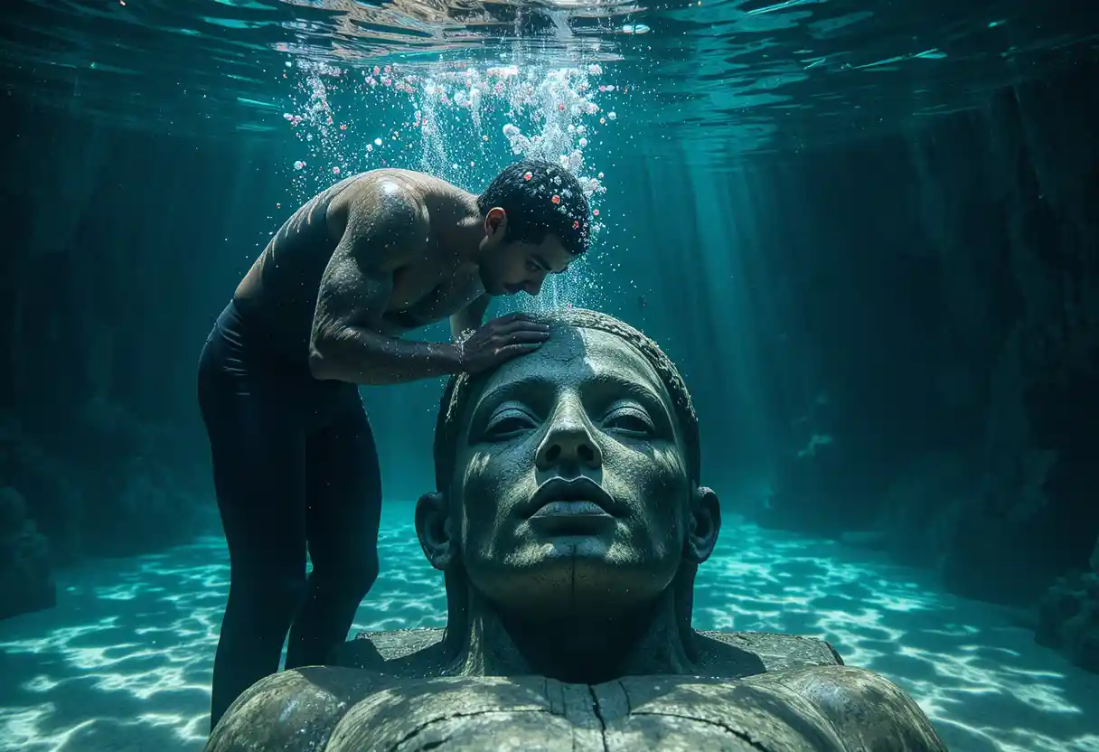 Freediver Leaning Over A Waking Stone Sarcophagus Underwater